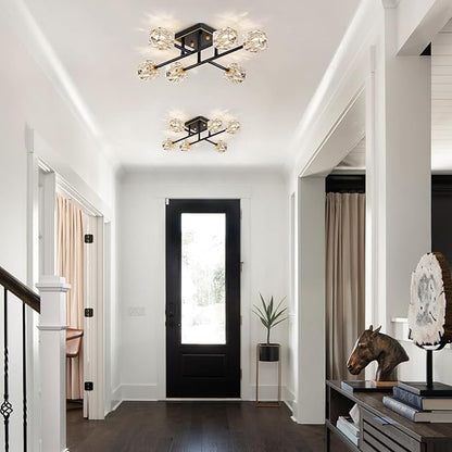 6-Light Modern Sputnik Ceiling Light Fixture，Crystal Semi Flush Mount Ceiling Light with K9 shade,Farmhouse Black and Gold Chandeliers for Dining Room,Bedroom,Living Room,Kitchen Island,Entryway