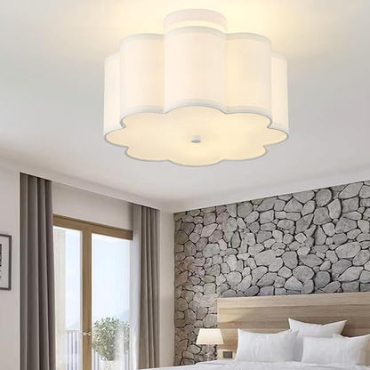 13.3"Semi Flush Mount Ceiling Light Fixture, 3-Light Modern Close to Ceiling Light With Fabric Flower-Shaped Shade, Light Fixtures Ceiling Mount for Bedroom Nursery Kids Room Living Room(White)