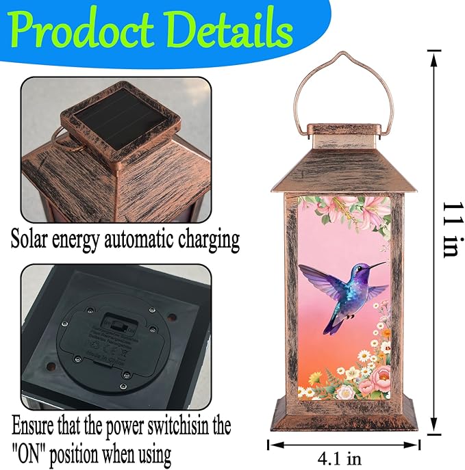 Hummingbird Garden Deco Solar Lanterns Outdoor Waterproof,Metal Hanging Decorative Solar Lights,Mothers Day Gifts,Birthday Gifts for Women Mom Grandma,Gardening Gifts for Yard,Patio, Lawn,Tabletop