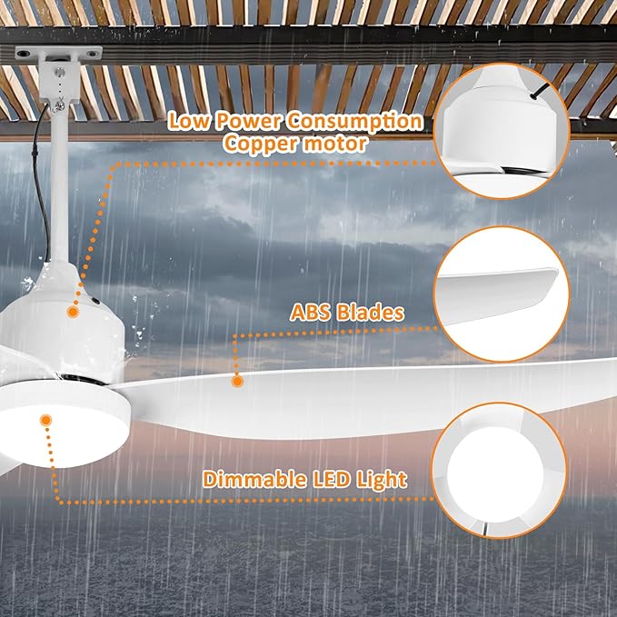Depuley Outdoor Ceiling Fan with Light: 52 Inch Waterproof Gazebo Fans with Lights Outdoor Hanging - Plug in Remote App Control for Patio Indoor Farmhouse Porch - White 6 Speed Reversible DC Motor