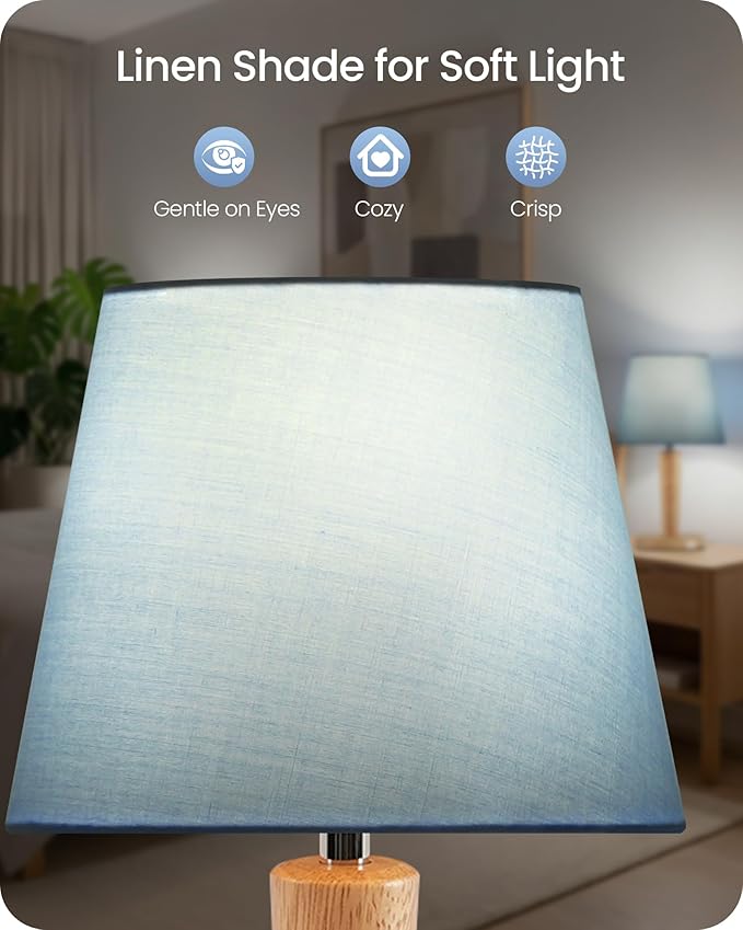 12" Wood Bedside Table Lamps Set of 2, Small Desk Lamps for Small Places, 3 Color Temperatures with Memory, Blue Linen Shade & E26 Bulbs, for Bedroom Living Room Office MU13TLP205