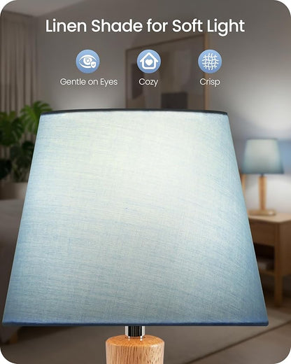 12" Wood Bedside Table Lamps Set of 2, Small Desk Lamps for Small Places, 3 Color Temperatures with Memory, Blue Linen Shade & E26 Bulbs, for Bedroom Living Room Office MU13TLP205