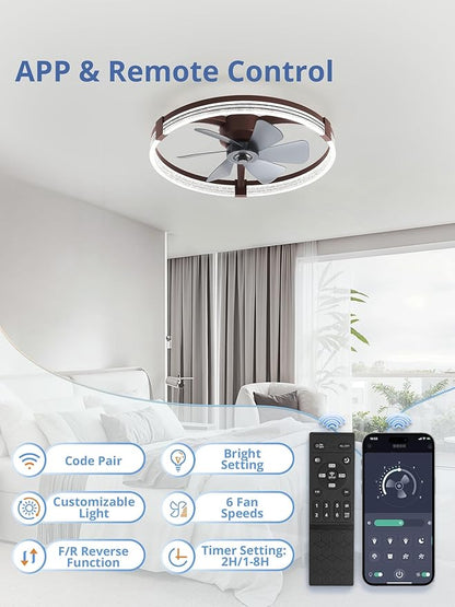 ZMISHIBO Low Profile Ceiling Fans with Lights, Flush Mount Modern Ceiling Fan and Remote Control, 23" LED Ceiling Fans, Stepless Dimmable 3 Colors and 6 Speeds (Brown, 23")