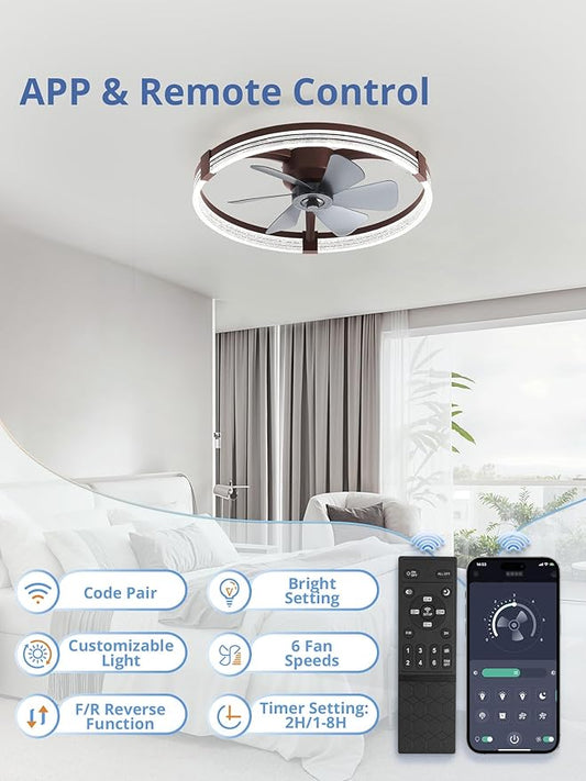 ZMISHIBO Low Profile Ceiling Fans with Lights, Flush Mount Modern Ceiling Fan and Remote Control, 23" LED Ceiling Fans, Stepless Dimmable 3 Colors and 6 Speeds (Brown, 23")