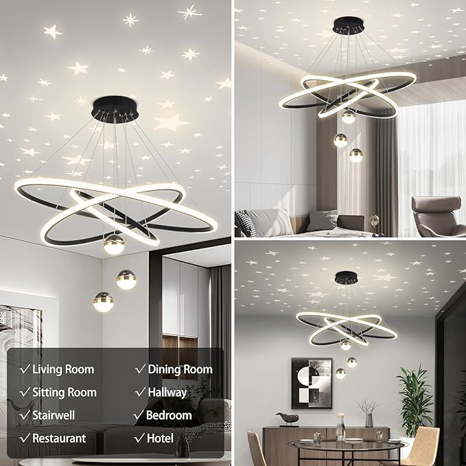 My Precious Modern LED Chandelier, 3-Ring Chandeliers for Dining Room with Remote, 3-Ball Dimmable Pendant Light, High Ceiling Hanging Restaurant LED Chandelier for Living Room, Bedroom.