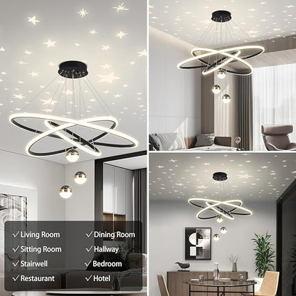 My Precious Modern LED Chandelier, 3-Ring Chandeliers for Dining Room with Remote, 3-Ball Dimmable Pendant Light, High Ceiling Hanging Restaurant LED Chandelier for Living Room, Bedroom.
