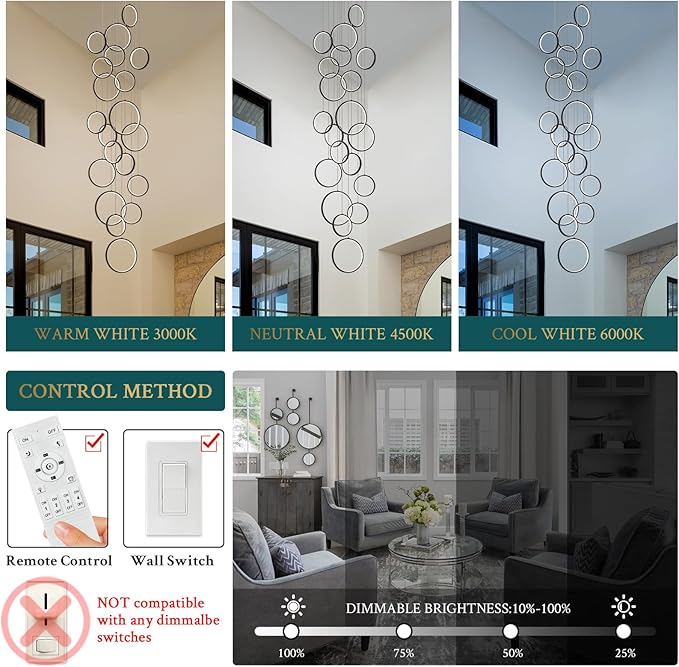20 Rings Modern LED Chandelier for High Ceiling Dimmable Black Contemporary Foyer Long Chandelier for Entryway, Long Pendant Light Fixture Staircase Dining Living Room, 3000-6500K