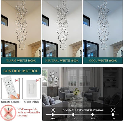 20 Rings Modern LED Chandelier for High Ceiling Dimmable Black Contemporary Foyer Long Chandelier for Entryway, Long Pendant Light Fixture Staircase Dining Living Room, 3000-6500K