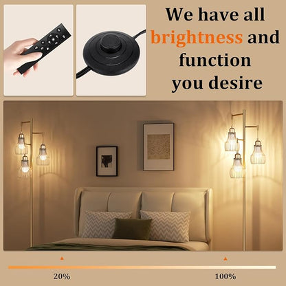 Ziisee Dimmable Gold Floor Lamps for Living Room, Farmhouse Tree Standing Tall Lamp with Remote Control 3 Elegant Cage Shade LED Bulbs for Bedroom Office - Gold