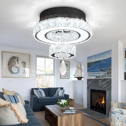 Flashing God 12" Modern Crystal Chandeliers Flush Mount Ceiling Light Black Chandelier for Hallway LED Dimmable Mini Chandelier for Dining Room Living Room Bedroom