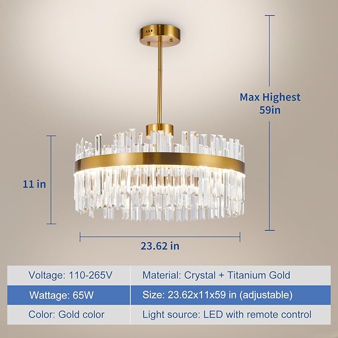 Depuley Modern Gold Crystal Chandeliers: 23.6" Dimmable LED Chandeliers Light Fixture with Remote Control - 3 Colors Contemporary Pendant Ceiling Light for Dining Living Room Kitchen Island Foyer