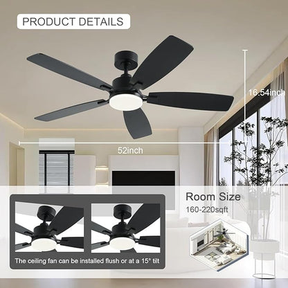 NKPU 52 Inch Ceiling Fans with Lights, Black Ceiling Fan and Remote/App Control, 2 Downrods, DC Reversible, Noiseless, Dimmable, 5 Dual-Sided Blades Modern Ceiling Fan for Indoor/Outdoor Use