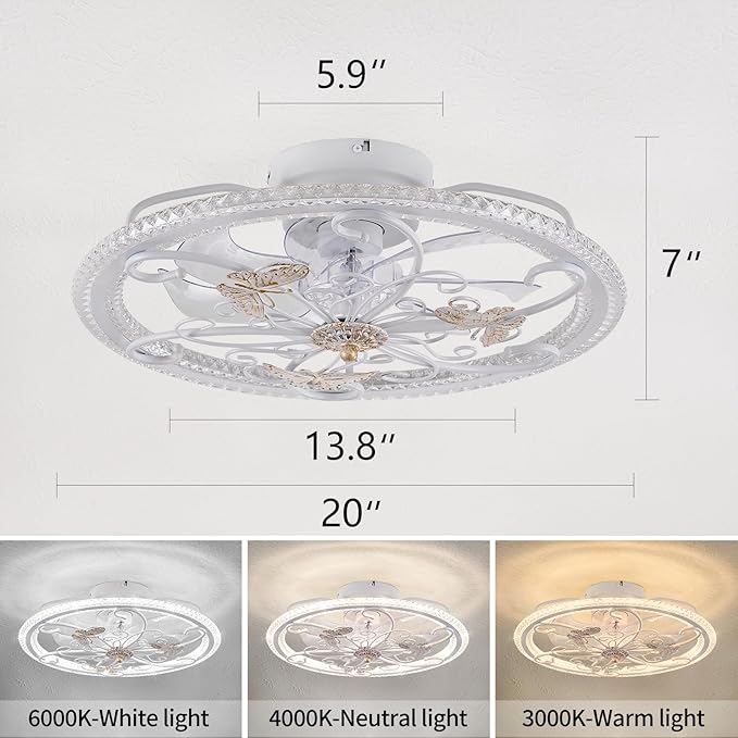 20" White Ceiling Fan with Lights Remote Control, 6 Speeds Retro Industrial Caged Ceiling Fan with Light for Kitchen Bedroom Living Room