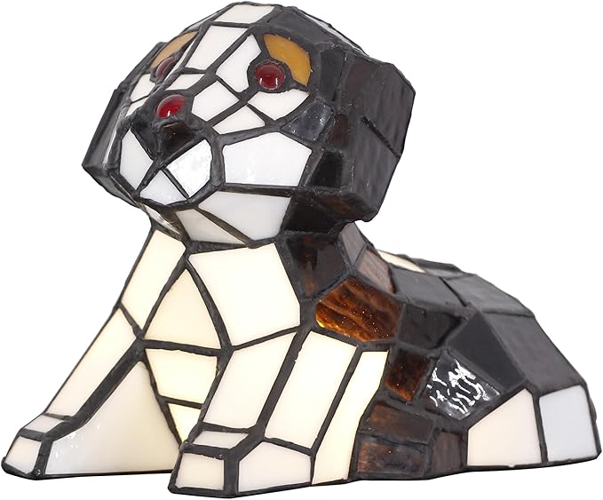 Small Tiffany Lamp Stained Glass Animal Table Lamp Mini Accent Desk Light (Brown White Dog)