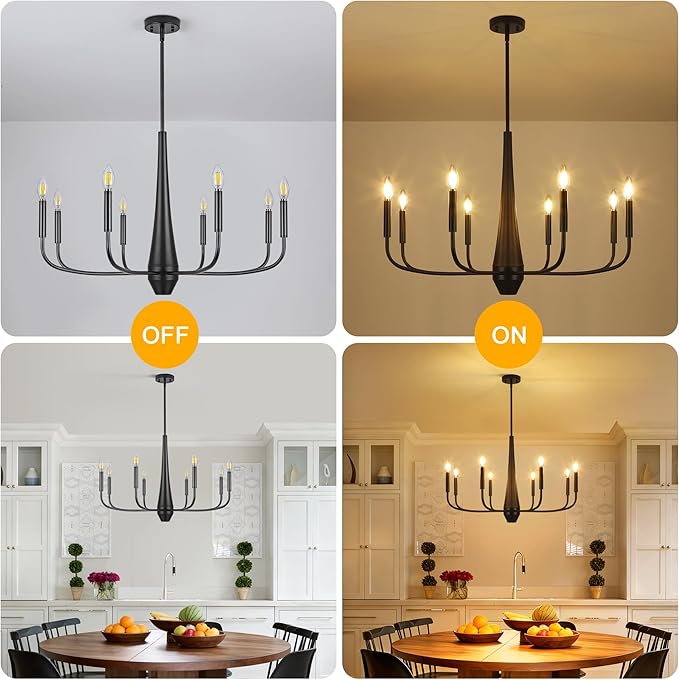 ACNKTZ 8-Light Large Black Chandeliers for Dining Room Light Fixture Hanging, Modern Farmhouse Candle Chandelier, Industrial Metal Pendant Lights Kitchen Island, Living Room Foyer Bedroom Stairway