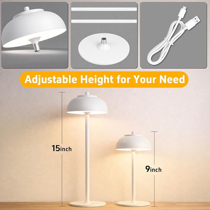 White Table Lamp Set of 2 Rechargeable,Table Lights Battery Operated-IP65 Waterproof-for Outdoor Patio/Restaurants/Home/Dinner/Table Lighting-Touch Control & Dimmable