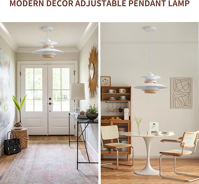EFINEHOME Modern Decor Adjustable Pendant Lamp Kitchen Island, Aluminum and Wood Finish,1-Light E26 Base Ceiling Hanging Light for Dining Room Shop Restaurant (White+Light Wood Grain, 40cm)