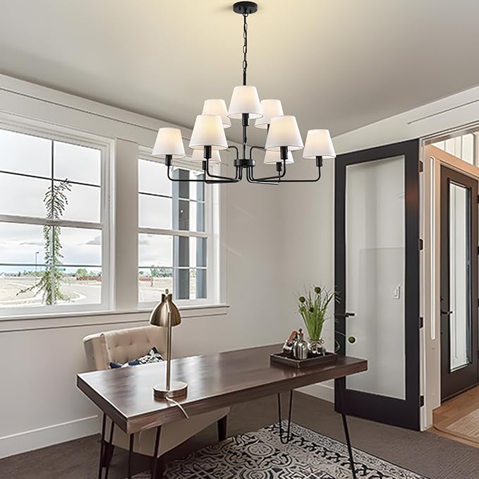 Farmhouse Chandeliers for Dining Room with White Fabric Shades,33”Black Light Fixture Chandelier,9-Lights entryway chandelier for foyer,2 Tiered Lantern Farmhouse Pendant Light for Living Room,Kitchen