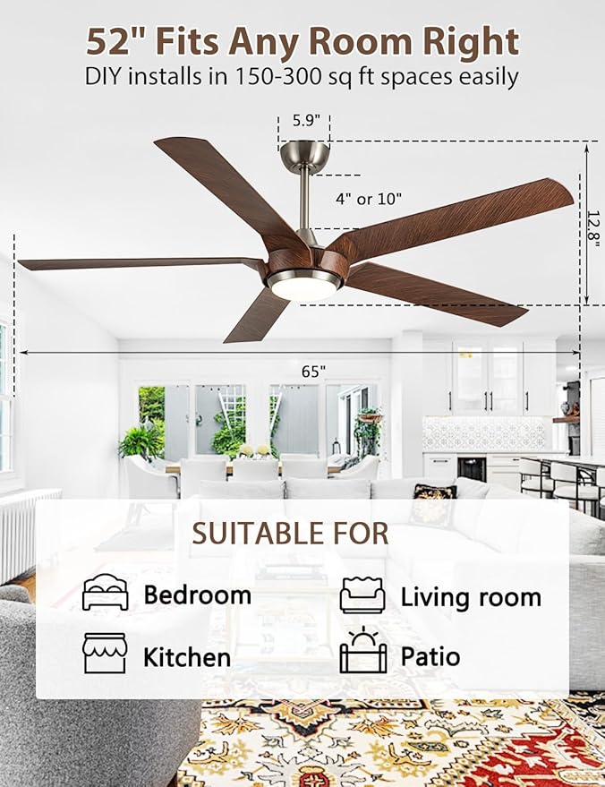 65" Gold Ceiling Fan with Light & Remote - Farmhouse Ceiling Fan with for Bedroom,High Airflow Quiet DC Motor 6-Speed Reversible Indoor/Outdoor