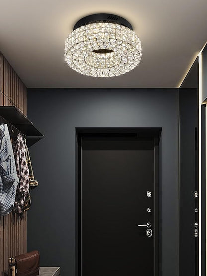 ykolupty 16" Crystal Chandeliers,Round Chandelier for Living Room Modern Crystal Ceiling Light Fixture for Foyer Bedrooms Dining Room Hallway Black