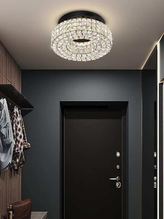 ykolupty 16" Crystal Chandeliers,Round Chandelier for Living Room Modern Crystal Ceiling Light Fixture for Foyer Bedrooms Dining Room Hallway Black