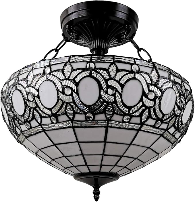 Tiffany Style Hanging Lamp Semi Flush 16" Wide Stained Glass White Antique Vintage Light Decor Restaurant Game Living Dining Room Kitchen Gift AM230HL16B Amora Lighting