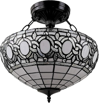 Tiffany Style Hanging Lamp Semi Flush 16" Wide Stained Glass White Antique Vintage Light Decor Restaurant Game Living Dining Room Kitchen Gift AM230HL16B Amora Lighting