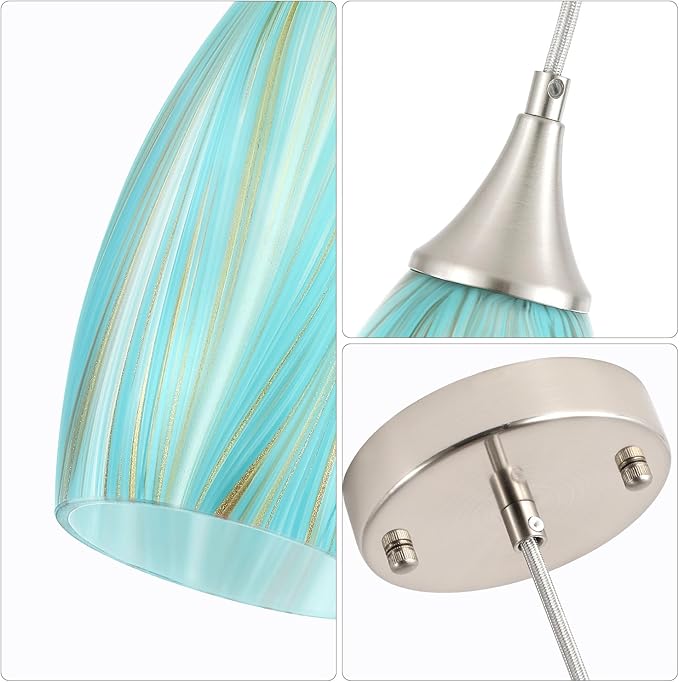 GLADFRESIT Sky Blue Serenity Pendant Light for Kitchen Islands – Artisanal Elegance with Adjustable Nylon Core and Ceramic Holder, Pack of 3 for Dining Room, Entryway (Bulb Excluded)