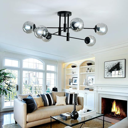 6-Lights Glass Globe Sputnik Chandelier Modern Flush Mount Ceiling Light Fixture Black Farmhouse Lighting for Dining Room Living Room Bedroom Kitchen Passageway.
