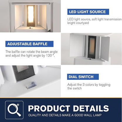 2 Pack LED 20W Outdoor Wall Lights Exterior/Interior 3 Colors Adjustable Wall Sconce Up and Down Light Porch Lights IP65 Waterproof Exterior Wall Sconce Modern Outdoor Lighting Square Aluminum White