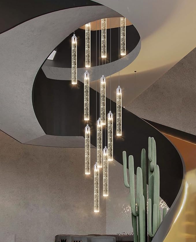 12-Lights Modern Chandeliers for Entryway High Ceiling Chandelier LED Dimmable Long Lights Fixture Pendants Lighting Crystal Chandeliers for Hallway Foyer Living Room Silver Finished Lighting