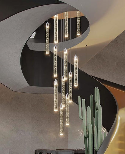 12-Lights Modern Chandeliers for Entryway High Ceiling Chandelier LED Dimmable Long Lights Fixture Pendants Lighting Crystal Chandeliers for Hallway Foyer Living Room Silver Finished Lighting