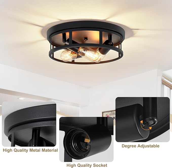 2 Pack Farmhouse Flush Mount Ceiling Lights,3-Light Black Hallway Light fixtures,Rustic Semi Flush Mount Lighting for Kitchen Dining Room Entryway Hall,E26 Base