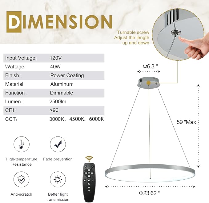 Nickel LED Ring Chandelier 24" Remote Control Dimmable Flush Mount Pendant Chandelier for Dinning Room Office Kitchen Living Room,3000-6500K