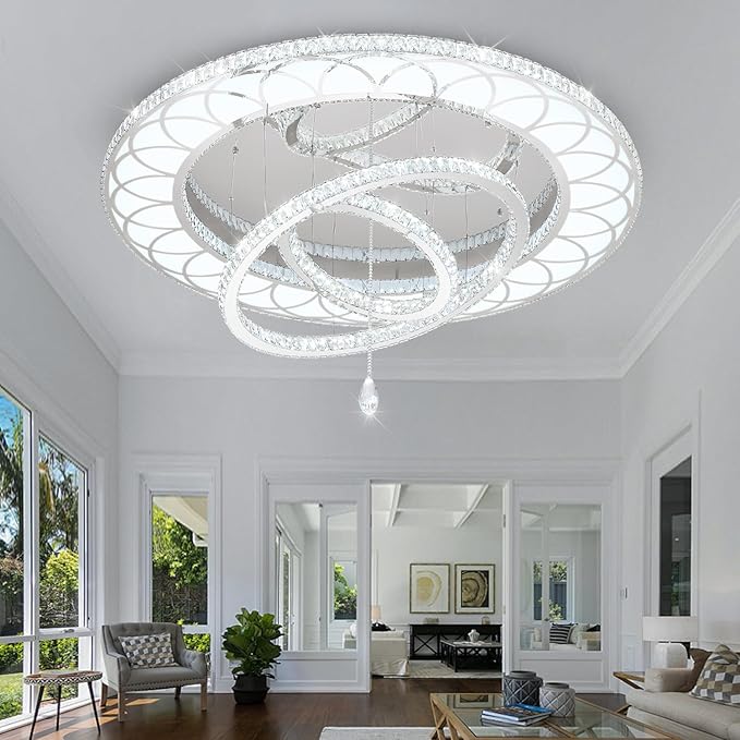 Flashing God Extra Large Chandelier Dia 55" Chrome Chandeliers Flush Mount Chandelier for Living Room Bedroom Dining Room Hallway Dimmable 3 Rings Ceiling Chandeliers