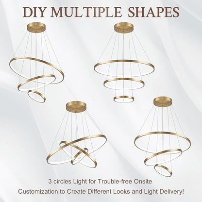 3 Ring Modern LED Chandelier Gold Dimmable Round Chandeliers, LED Circular Pendant Light Fixture with Remote Control for Living Room, Dining Room, Office, Entry, Bedroom