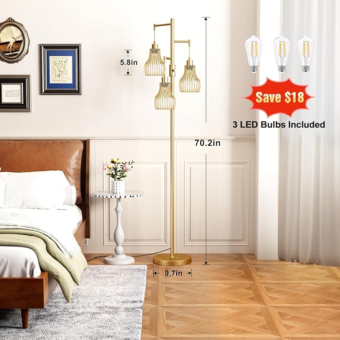 Ziisee Dimmable Gold Floor Lamps for Living Room, 70" Farmhouse Tree Standing Tall Lamps with 3 Elegant Cage Shade & 800 Lumens LED Bulbs for Bedroom Office