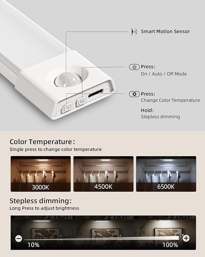 EZVALO 3 Pack 8” Motion Sensor Light Indoor Rechargeable, Stick on Under Cabinet Lighting Wireless, 30 LEDs Closet Light, Dimmable, 3 Color Temps, Counter Lights for Wardrobe, Pantry, Bedroom, Stair