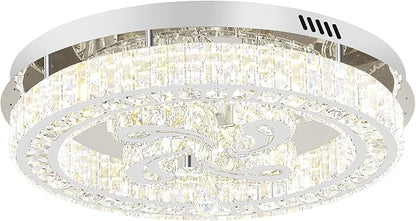 24'' Silver Modern Crystal Chandelier LED Dimmable Flush Mount Crystal Ceiling Light for Living Room Bedroom Dining Room