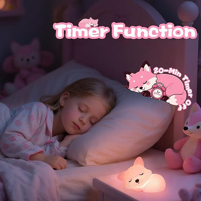 YuanDian Fox Night Light for Girls, Squishy Fox Silicone Lamp Novelty Gifts, Rechargeable Dimmable Timer Bedside Touch Nightlight for Breastfeeding Toddler Baby Kids