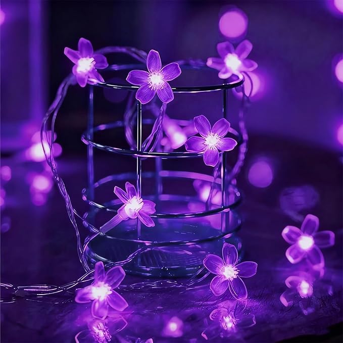 JACUXLSS Decorative Flower String Lights, 33ft 100 LED Clear Wire Plug in Fairy Lavender Cherry Blossom Easter Christmas Hanging Decorations, Violiet Wedding Party Indoor Outdoor Decorations (Purple)