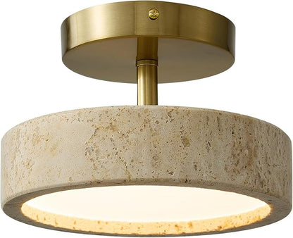 Wabi Sabi 8-inch Yellow Travertine Ceiling Light Fixture - Japanese Semi Flush Mount light with Brushde Gold Metal Base, Hardwired Stone Lamp for Bathroom, Kitchen, Bedroom, Hallway & Entryway