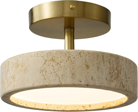 Wabi Sabi 8-inch Yellow Travertine Ceiling Light Fixture - Japanese Semi Flush Mount light with Brushde Gold Metal Base, Hardwired Stone Lamp for Bathroom, Kitchen, Bedroom, Hallway & Entryway