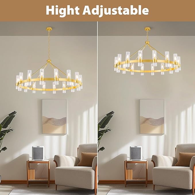 48 Inch Gold Chandelier, Wagon Wheel Chandelier with Glass Shade, 16-Lights Large Round Modern Farmhouse High Ceiling Pendant Lighting Fixtures for Dining Living Room, Kitchen Island, Foyer