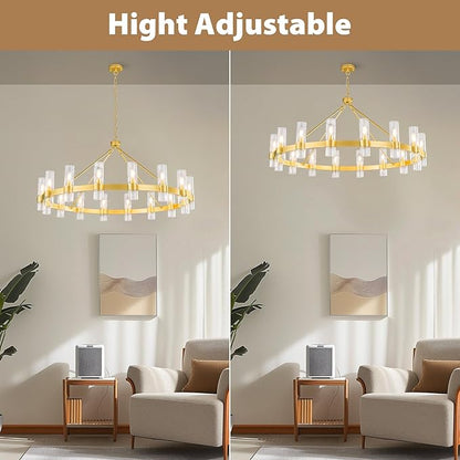 48 Inch Gold Chandelier, Wagon Wheel Chandelier with Glass Shade, 16-Lights Large Round Modern Farmhouse High Ceiling Pendant Lighting Fixtures for Dining Living Room, Kitchen Island, Foyer