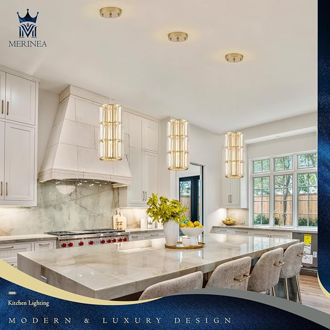 Gold Crystal Pendant Light for Kitchen Island, Modern Mini Hanging Chandelier with K9 Prism Crystals, Luxury Brass Pendant Lighting Fixture for Dining Room, Bedroom, Bathroom, Bar