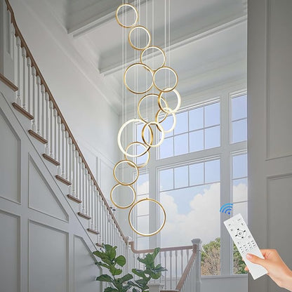 14 Rings Modern LED Chandelier for High Ceiling Dimmable Gold Contemporary Foyer Long Chandelier for Entryway, Long Pendant Light Fixture Staircase Dining Living Room, 3000-6500K