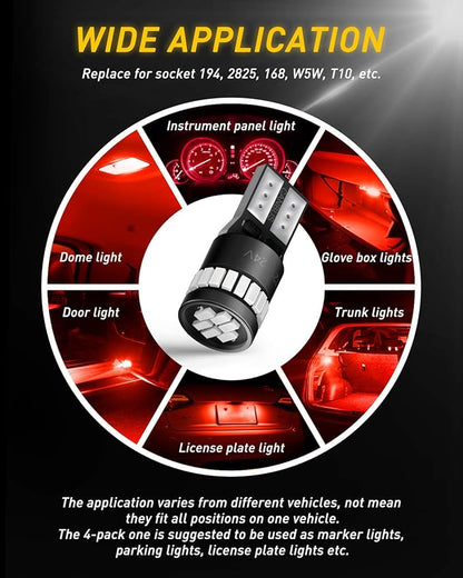 AUXITO Brilliant Red 194 LED Bulbs 168 2825 W5W T10 Wedge LED Replacement Light Kit for Car Dome Map Door Parking License Plate Marker Lights, Pack of 10