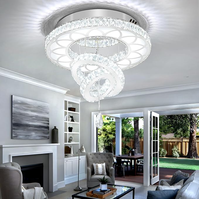 Flashing God Dia 20" Crystal Chandelier Crystal Silver Ceiling Light Fixtures LED Flush Mount Ceiling Light for Living Room Bedrooms Dining Room Dimmable 2700k 4500k 6000k