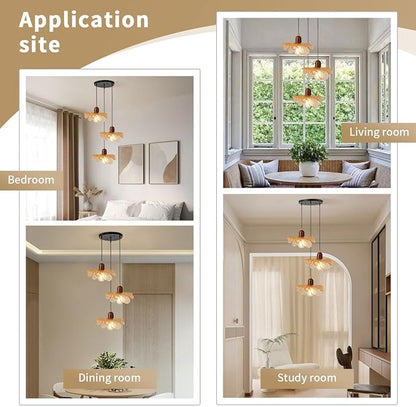 Glass Chandelier 3-Light Kitchen Island Pendant Light Shade Vintage Walnut Wood Chandeliers Amber Glass Hanging Pendant Lamp for Dining Room, Living Room, Bedroom